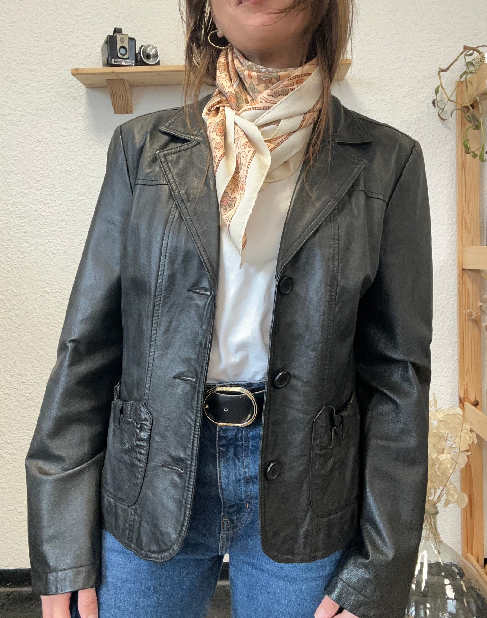 Veste en cuir noir Naf Naf Vintage