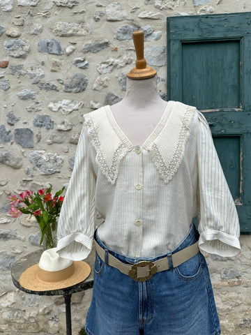 Blouse écru à fines rayures et col brodé Sandro XL