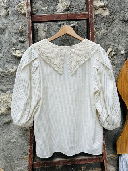 Blouse écru à fines rayures et col brodé Sandro XL