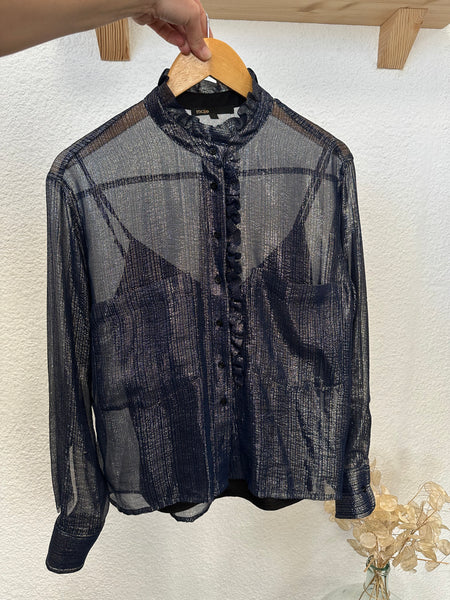 Chemisier en soie bleu métallisé Maje