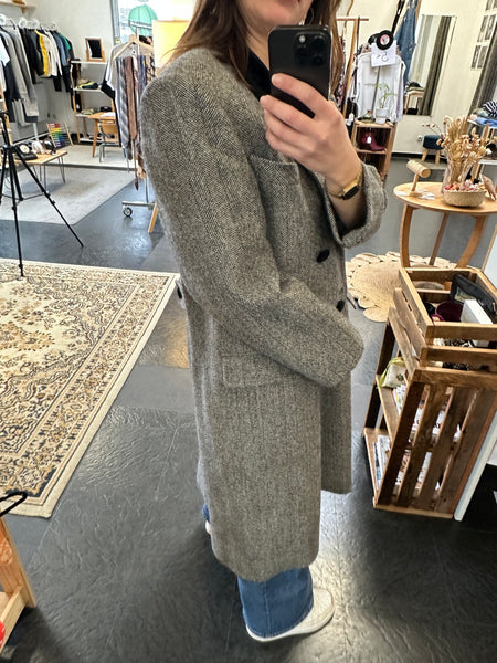 Manteau long en laine motif chevrons gris et noir Vintage