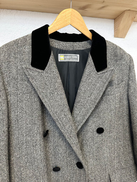 Manteau long en laine motif chevrons gris et noir Vintage