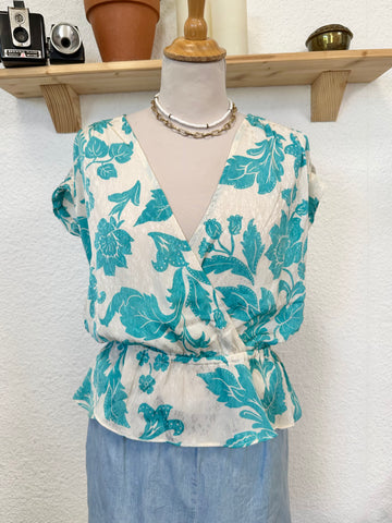 Blouse écru et bleu fleuri Mango