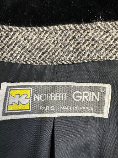 Manteau long en laine motif chevrons gris et noir Vintage