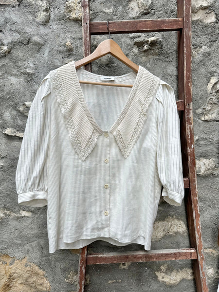 Blouse écru à fines rayures et col brodé Sandro XL