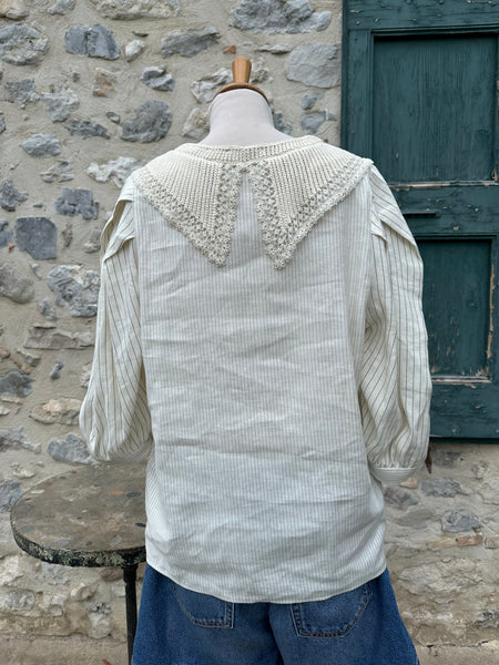 Blouse écru à fines rayures et col brodé Sandro XL