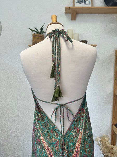 Robe longue d’été en soie verte imprimée