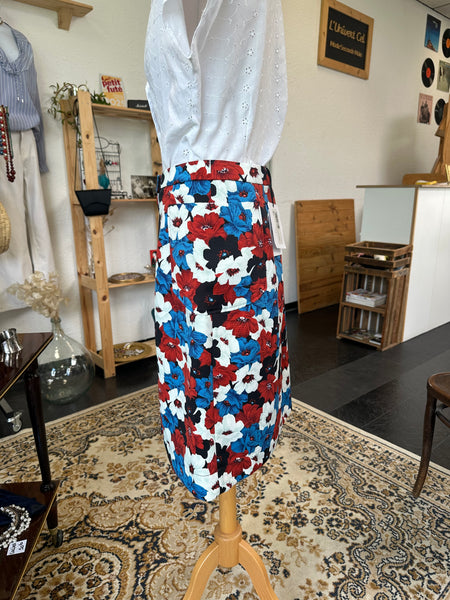 Jupe mi longue bleu imprimé floral Essentiel antwerp