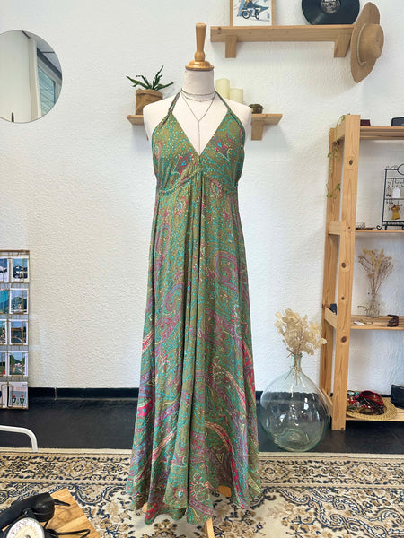 Robe longue d’été en soie verte imprimée