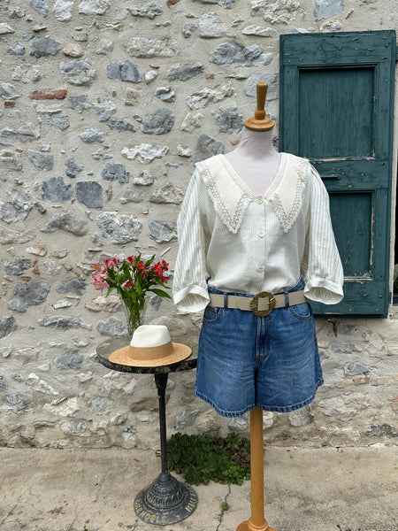 Blouse écru à fines rayures et col brodé Sandro XL