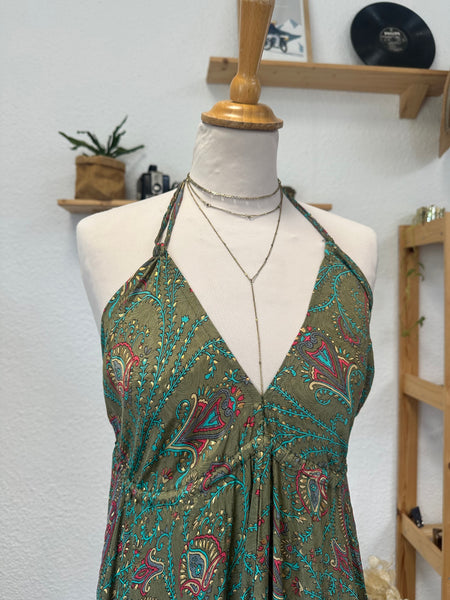 Robe longue d’été en soie verte imprimée