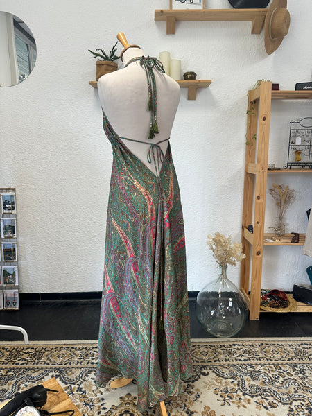 Robe longue d’été en soie verte imprimée