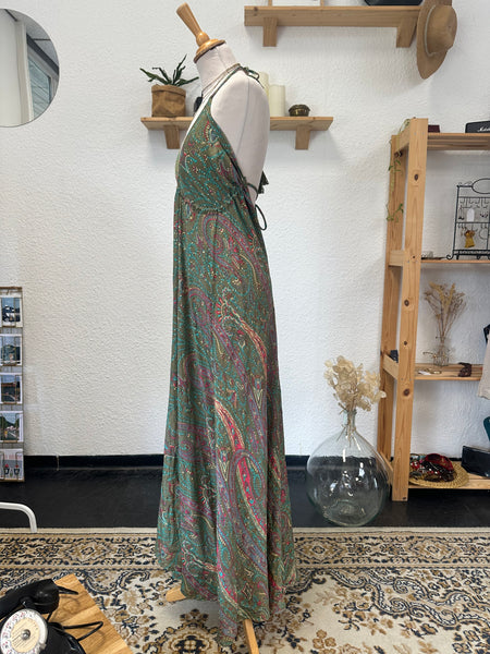 Robe longue d’été en soie verte imprimée