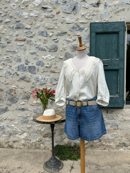 Blouse écru à fines rayures et col brodé Sandro XL