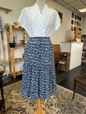 Jupe mi longue bleu et blanc imprimé en coton Caroll