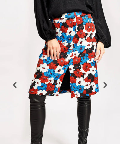 Jupe mi longue bleu imprimé floral Essentiel antwerp