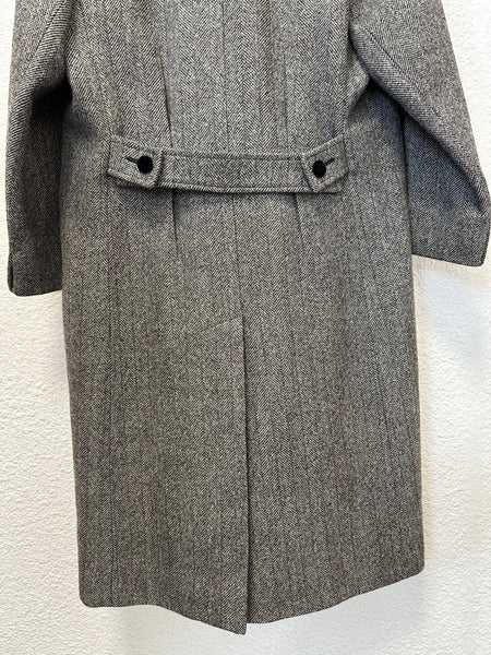 Manteau long en laine motif chevrons gris et noir Vintage
