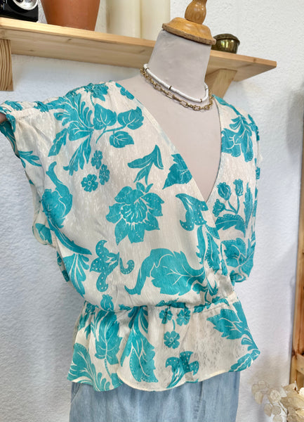 Blouse écru et bleu fleuri Mango