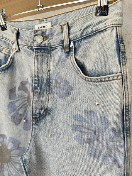 Jeans bleu motifs fleurs Sandro