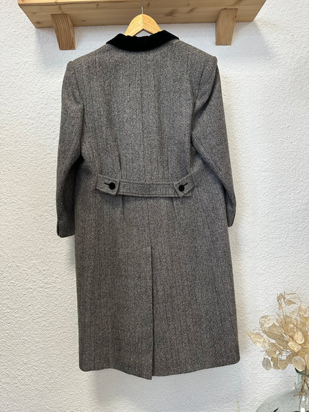 Manteau long en laine motif chevrons gris et noir Vintage
