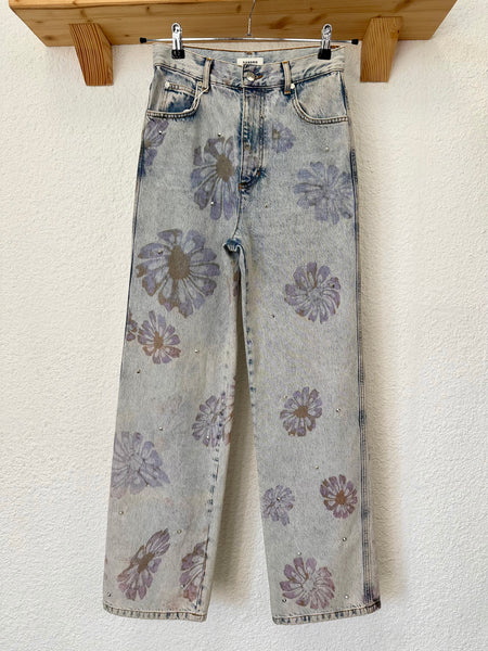 Jeans bleu motifs fleurs Sandro