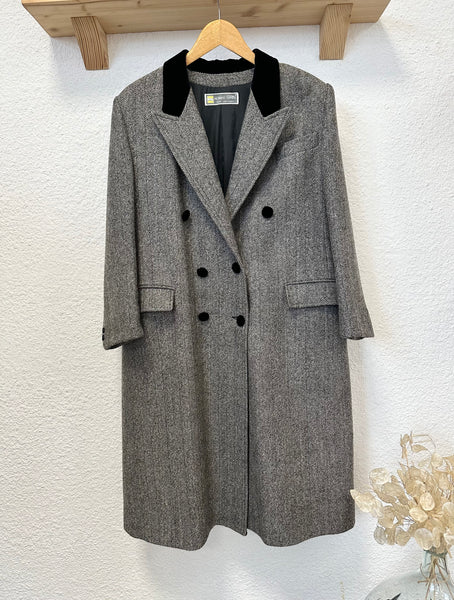 Manteau long en laine motif chevrons gris et noir Vintage